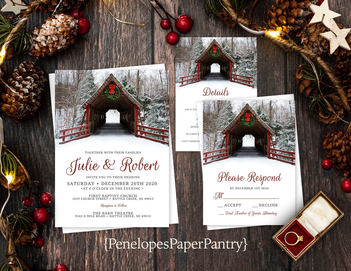 Rustic Covered Bridge Winter Wedding Invitation – Red Barn Wood, Holiday Wreath, Snow, Custom Printed with Envelopes Included
