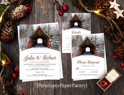 Rustic Covered Bridge Winter Wedding Invitation – Red Barn Wood, Holiday Wreath, Snow, Custom Printed with Envelopes Included