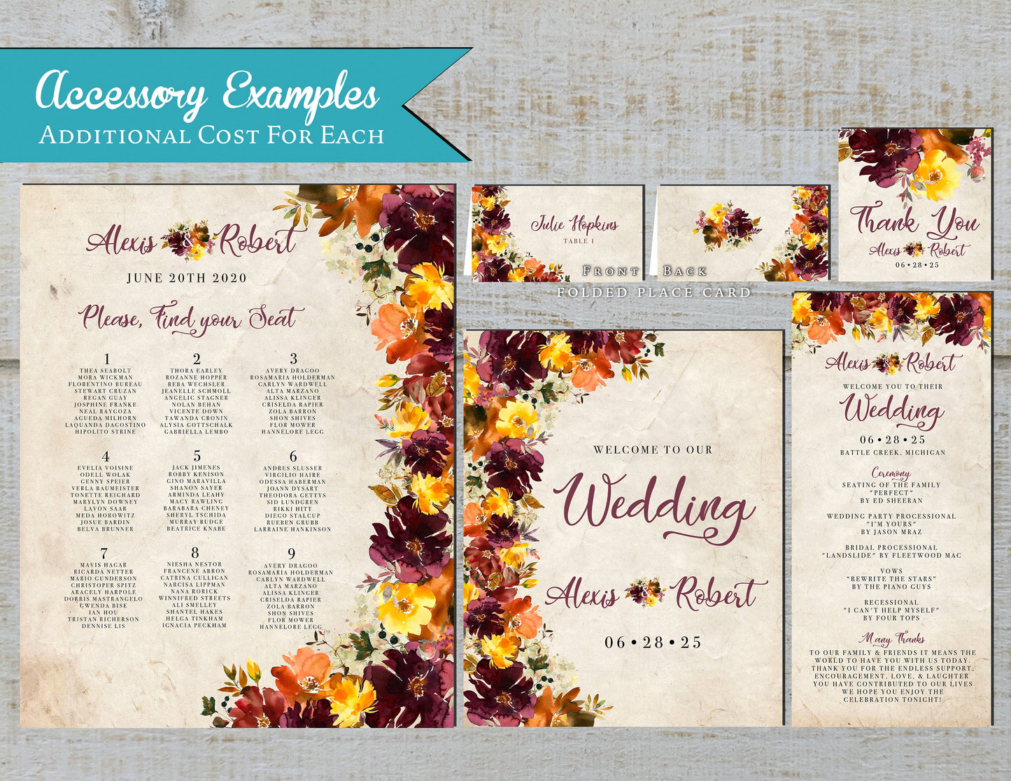 Sunflower, Burgundy and Burnt Orange Florals on Faux Parchment Background Fall Wedding Invitation, Set, or Suite