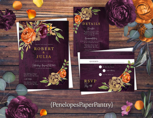 Rustic Fall Wedding Invitation – Purple, Burnt Orange & Gold Florals – Personalized Shimmery Printed Invite with Barn Wood Background & Envelopes