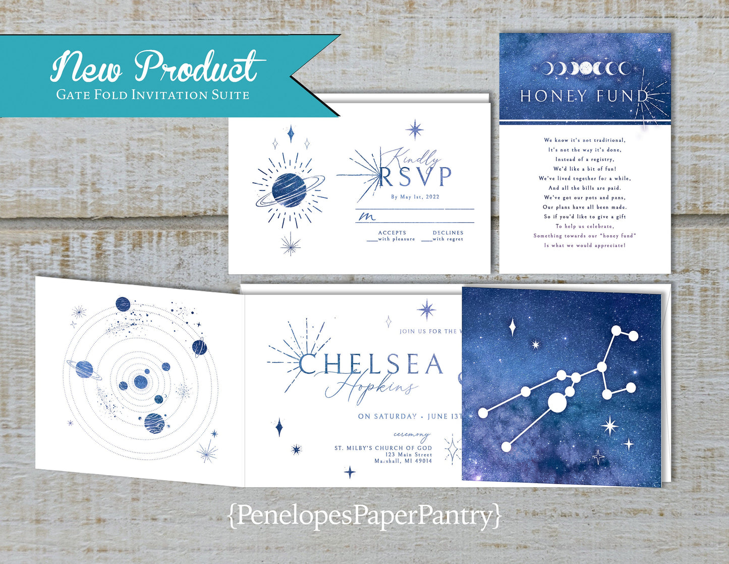 Gatefold Celestial Blue Night Sky with Constellations Folded Wedding Invitation, Set, or Suite