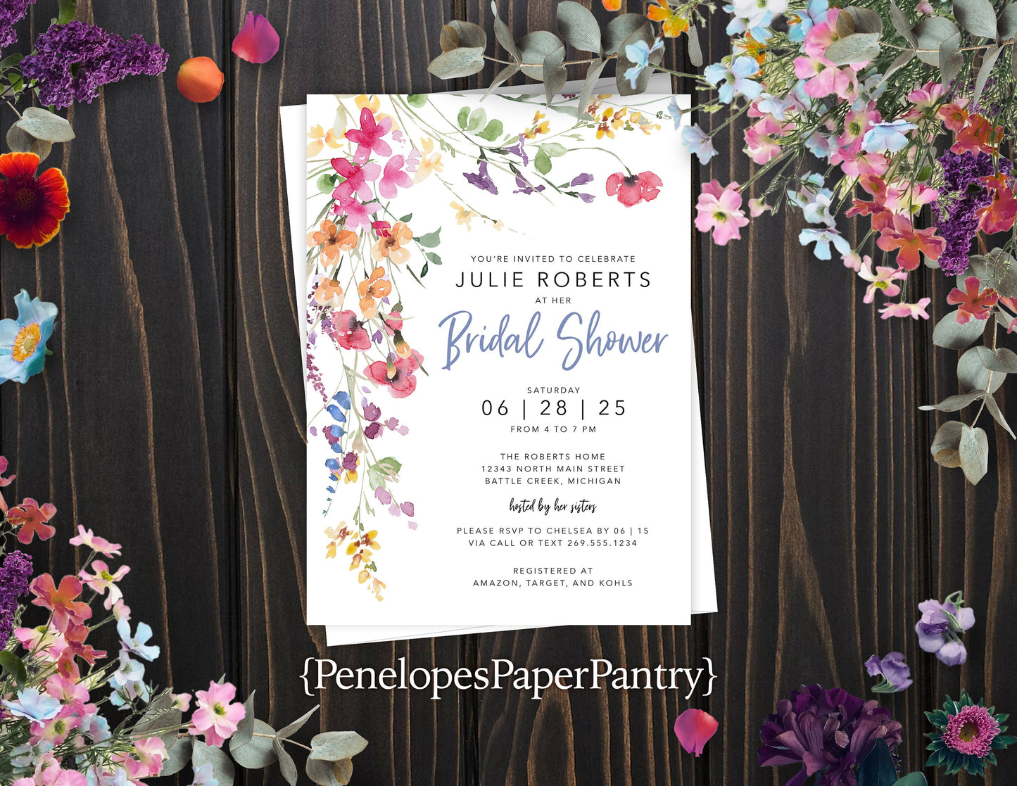 Wildflower Florals Bridal Brunch on White Background Bridal Shower Invitation