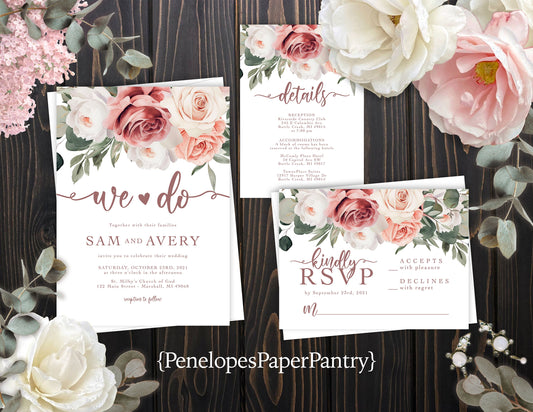 Dusty Pink and Mauve Roses on White Background Summer Wedding Invitation, Set, or Suite