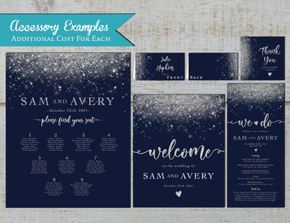 Silver Faux Glitter with Navy Blue Background Invitation Traditional Wedding Invitation, Sets, or Suite