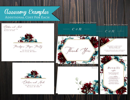 Elegant Fall Wedding Invitation – Personalized Burgundy & Teal Floral Design with Calligraphy – Printed with Envelopes & Optional RSVP Card