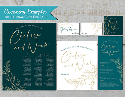 Teal Fall Wedding Photo Invitation – Gold Calligraphy & Shimmery Finish – Personalized Printed Card with Envelopes Included