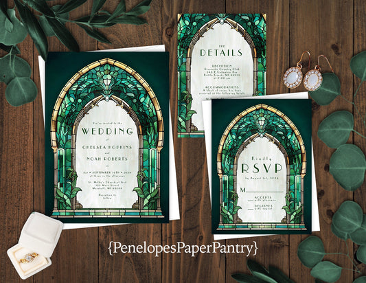 Emerald Archway Faux Stained Glass Frame Traditional Wedding Invitation, Sets, or Suite