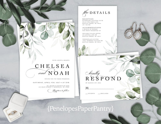 Elegant Greenery Summer Wedding Invitation Personalized Botanical Vines Leaves Foliage Calligraphy Printed Invitation Envelope Included Chic