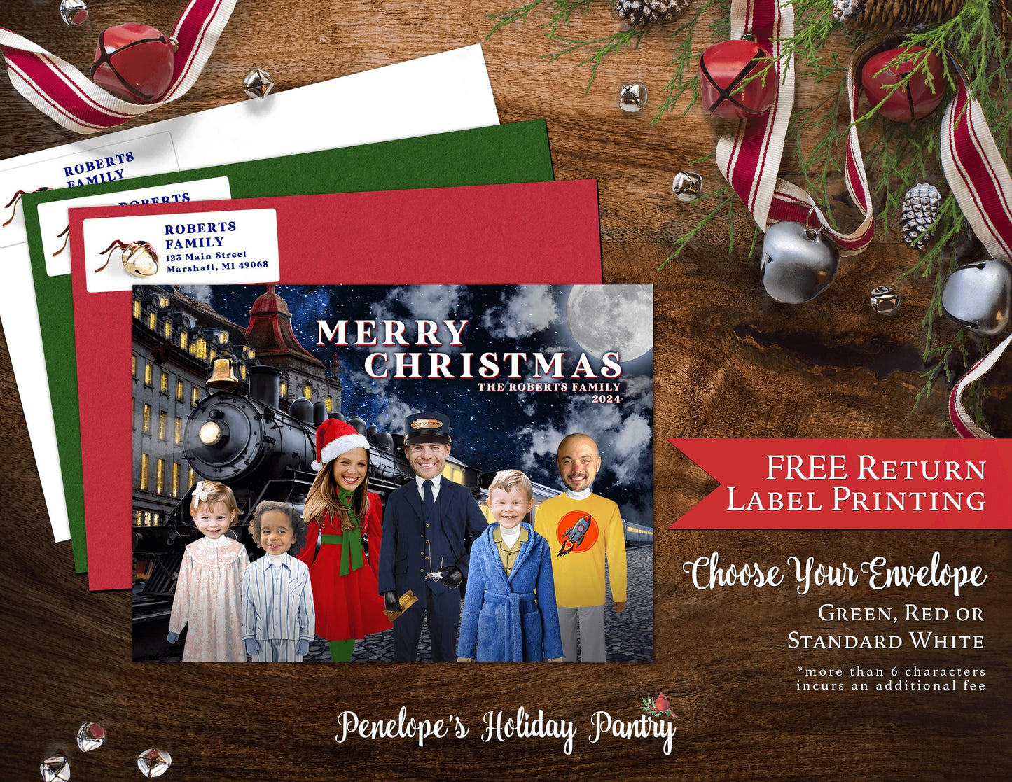 Funny Polar Express Christmas Photo Card – Personalized Train Ride to the North Pole – Printed Card with Envelope & Matching Back