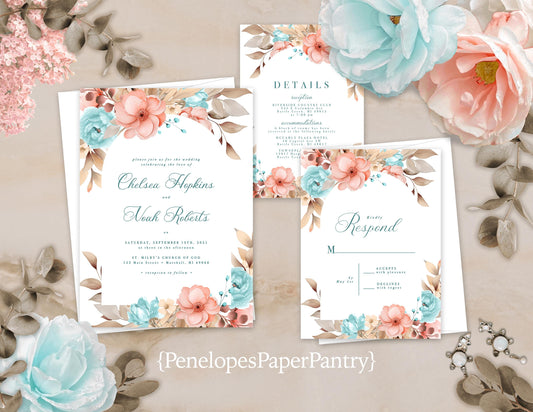 Elegant Floral Summer Wedding Invitation Personalized Teal Coral Roses Calligraphy Custom Text Printed Invitations Envelopes Included RSVP