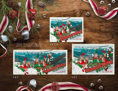 Funny Elves Skiing Christmas Photo Card – Personalized Family Holiday Card with Custom Text, Envelopes & Return Address Labels