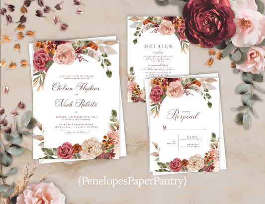 Elegant Floral Fall Wedding Invitation – Marsala, Blush & Sage – Calligraphy Personalized Printed Invite with Envelopes & Optional RSVP