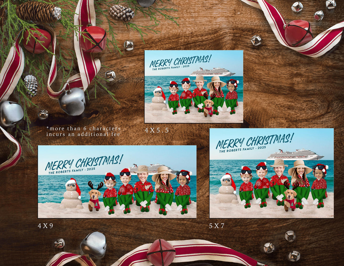 Personalized Funny Beach Christmas Family Photo Card with Elves  Custom Text - Unique Tropical Vacation Design with Envelope