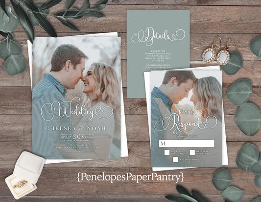 Engagement Photo and Dusty Blue Wedding Invitation, Set, or Suite