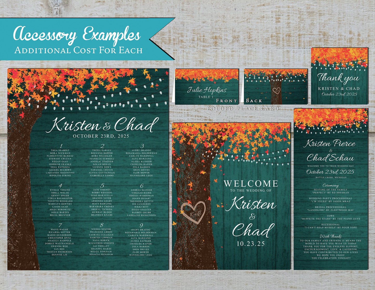 Oak Tree with Orange Leaves on Teal Wood Background Fall Wedding Invitation, Set, or Suite