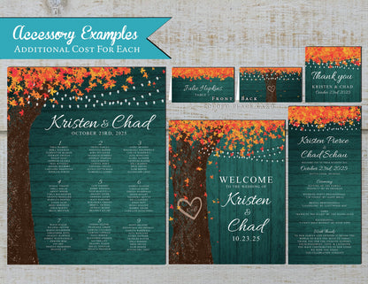Rustic Teal Fall Wedding Invitation – Oak Tree, Burnt Orange Leaves & Barn Lights – Personalized Printed Invitations with Envelopes Included