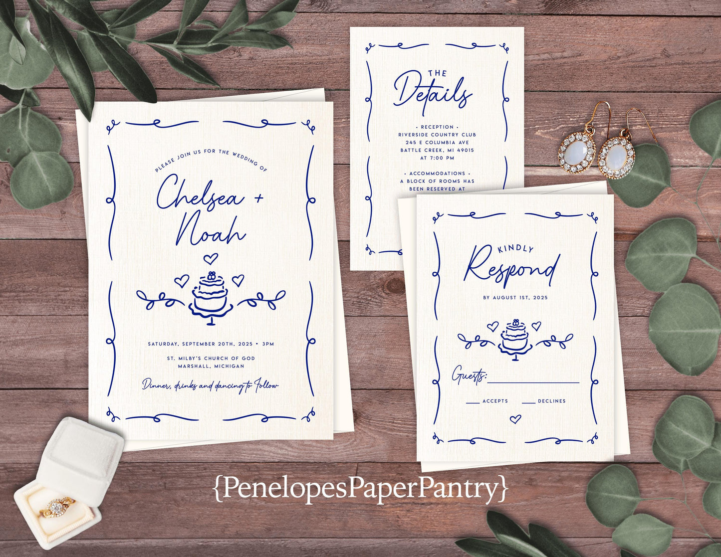 Whimsical Hand Drawn Summer Wedding Invitation Personalized Royal Blue Ivory Linen Custom Text Printed Invitations Envelopes Included Unique