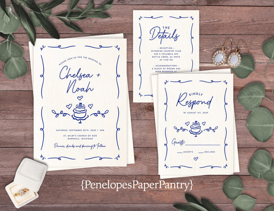 Whimsical Hand Drawn Summer Wedding Invitation Personalized Royal Blue Ivory Linen Custom Text Printed Invitations Envelopes Included Unique