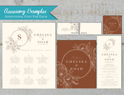 Terracotta Hues with Ivory Floral Line Art Fall Wedding Invitation, Set, or Suite