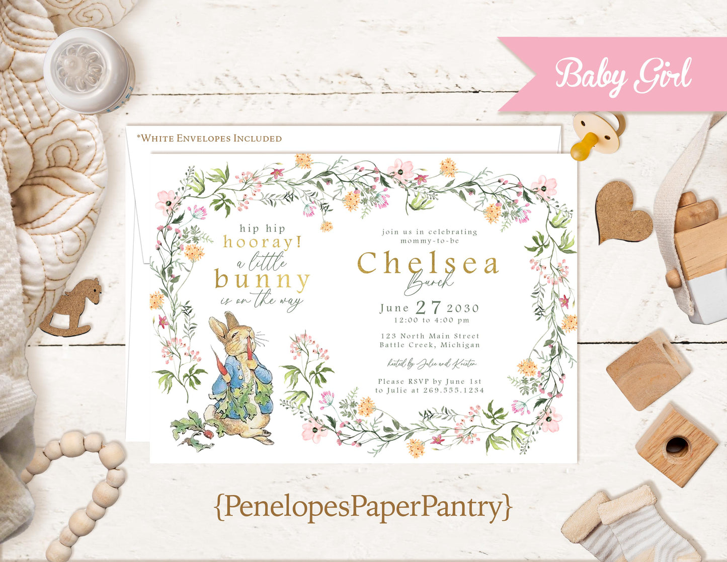 Personalized Peter Rabbit Baby Shower Invitation - Gender Neutral Gold Foil Sip and See Couples Invitation with Envelopes