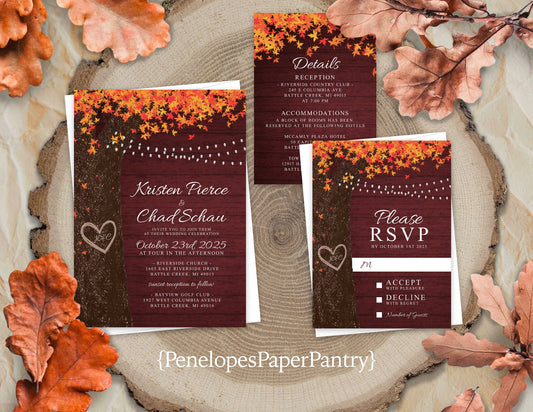 Oak Tree with Orange Leaves on Brown Wood Background Fall Wedding Invitation, Set, or Suite