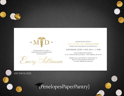 Elegant Medical School Doctor Of Medicine Graduation Party Invitation Announcement Caduceus Gold Foil Personalized Printed Card Envelope