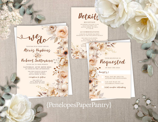 Neutral and Beige Florals on Ivory Background Summer Wedding Invitation, Set, or Suite