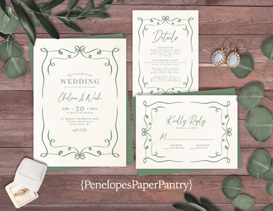 Whimsical Sage Hand Drawn Summer Wedding Invitation Personalized Ivory Linen Custom Text Printed Invitations With Envelopes Unique Romantic