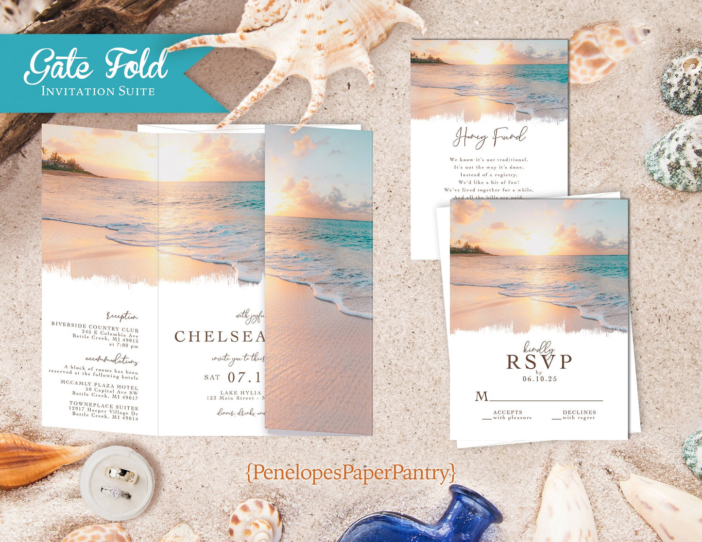 Gatefold Daytime Beach Heart in Sand Folded Wedding Invitation, Set, or Suite