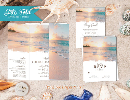 Gatefold Daytime Beach Heart in Sand Folded Wedding Invitation, Set, or Suite