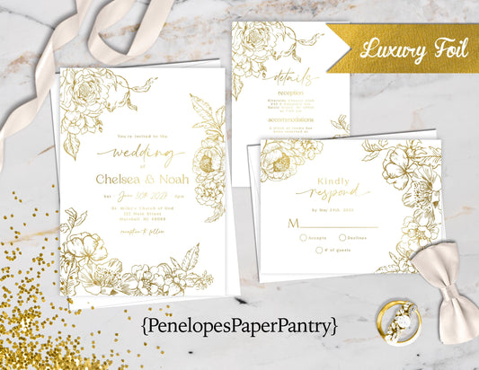 Elegant Floral White and Gold Foil Summer Wedding Invitation Personalized Custom Text Calligraphy Printed Invitations Envelopes Included