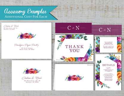 Elegant Bright Floral Summer Wedding Invitation Personalized Orange Purple Hot Pink Turquoise Geometric Frame Shimmery Printed Invitations