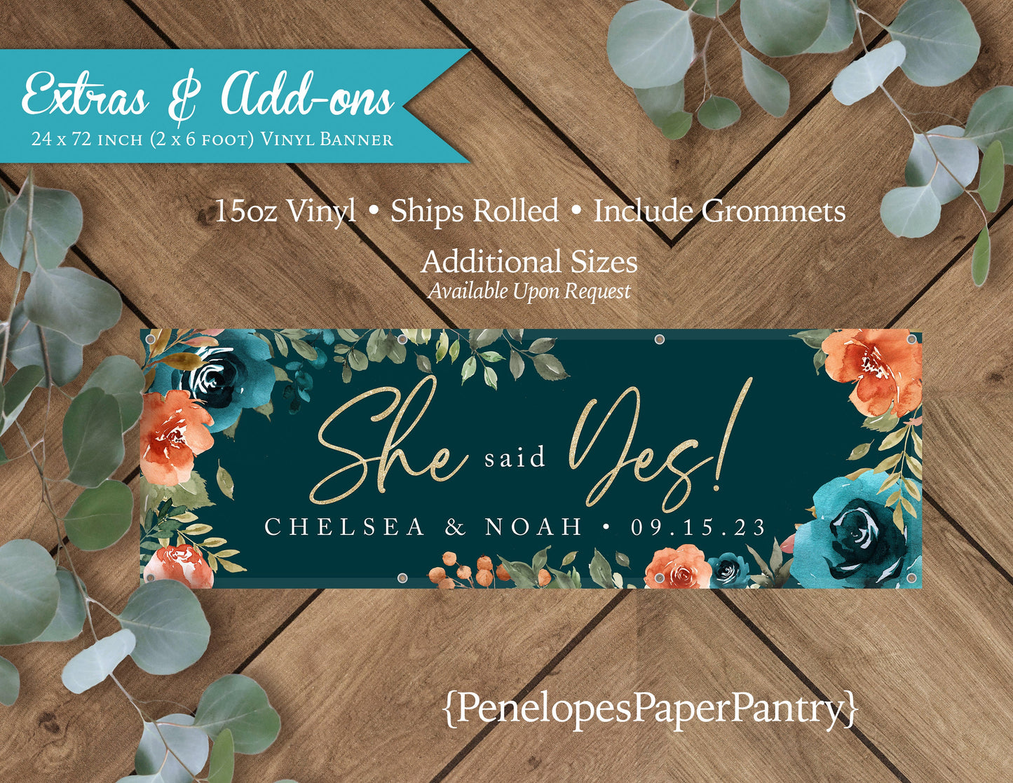 Teal and Orange Florals with Dark Teal BackgroundEngagement Vinyl Banner with Grommets