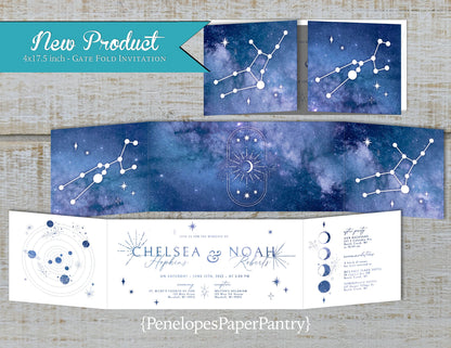 Gatefold Celestial Blue Night Sky with Constellations Folded Wedding Invitation, Set, or Suite