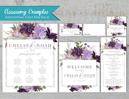 Dark and Light Purple Florals with Frame on White Background Summer Wedding Invitation, Set, or Suite