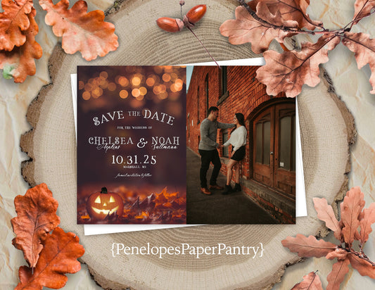 Fall Leaves and Pumpkin Scene with Bokeh Lights Save the Date