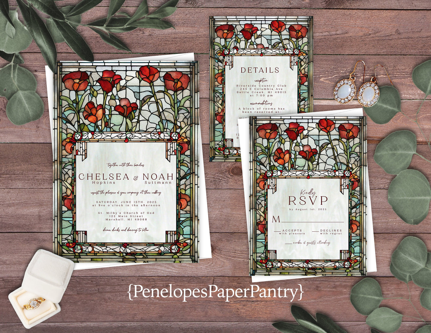 Elegant Red Poppy Stained Glass Wedding Invitation Personalized Red Poppies Greenery Shimmery Printed Invitation Envelopes Included Unique