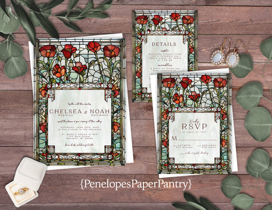 Elegant Red Poppy Stained Glass Wedding Invitation Personalized Red Poppies Greenery Shimmery Printed Invitation Envelopes Included Unique