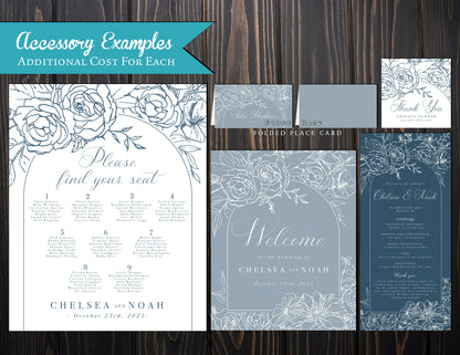Elegant Dusty Blue Summer Wedding Invitation Personalized Baby Blue Powder Blue Floral Silhouettes Printed Invitations Envelopes Included