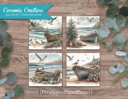 Coastal Christmas Ceramic Coasters Set Of Four Printed Coasters Holiday Home Decor Gift For Her Gift For Him Unique Gift Stocking Stuffer