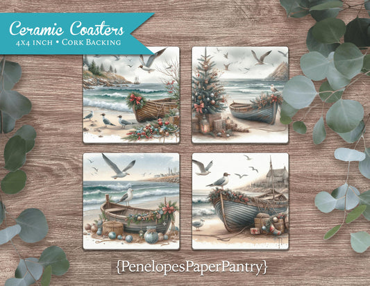 Coastal Christmas Ceramic Coasters Set Of Four Printed Coasters Holiday Home Decor Gift For Her Gift For Him Unique Gift Stocking Stuffer