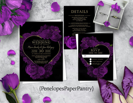 Purple Floral Heart Wreath with Black Background Rose Wedding Invitation, Set, or Suite