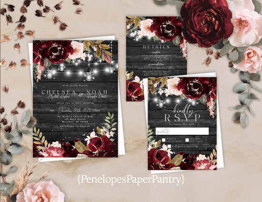 Rustic Gray Floral Fall Wedding Invitation – Barn Wood, Blush & Burgundy Roses, Mason Jar Lights – Personalized Shimmery Printed Invitations with Envelopes