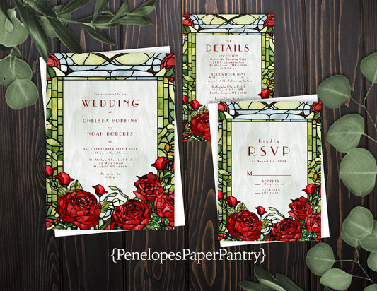 Red and Green Floral Faux Stained Class Frame Rose Wedding Invitation, Set, or Suite