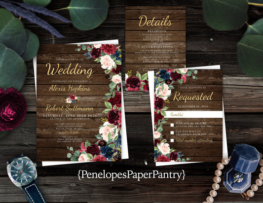 Burgundy, Blush, and Navy Florals on Brown Barn Wood Fall Wedding Invitation, Set, or Suite