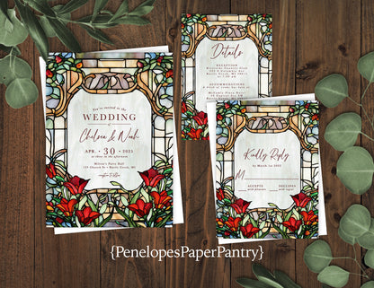 Elegant Red Rose Stained Glass Wedding Invitation Personalized Vintage Antique Unique Calligraphy Shimmery Printed Invitations With Envelope