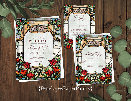 Elegant Red Rose Stained Glass Wedding Invitation Personalized Vintage Antique Unique Calligraphy Shimmery Printed Invitations With Envelope