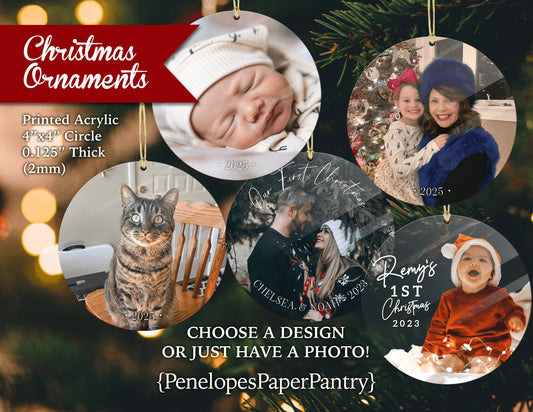 Personalized Christmas Photo Ornament Printed Acrylic Circle Gift For Her Grandparent First Christmas Engagement Family New Baby Unique Gift