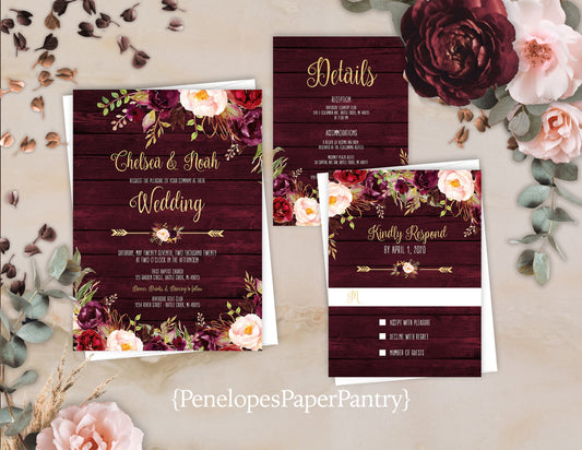 Burgundy and Blush Florals on Burgundy Wood Background Fall Wedding Invitation, Set, or Suite