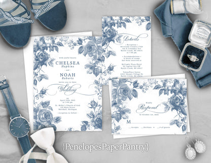 Elegant Dusty Blue Summer Wedding Invitation Personalized Baby Blue Powder Blue Floral Silhouettes Printed Invitations Envelopes Included